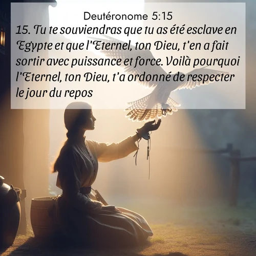 Segond21 Deutéronome  ; image nature: image avec le verset biblique :Tu te souviendras que tu as été esclave en Egypte et que l&#039;Eternel, ton Dieu, t&#039;en a fait sortir avec puissance et force. Voilà pourquoi l&#039;Eternel, ton Dieu, t&#039;a ordonné de respecter le jour du repos. ;  ; 5:15