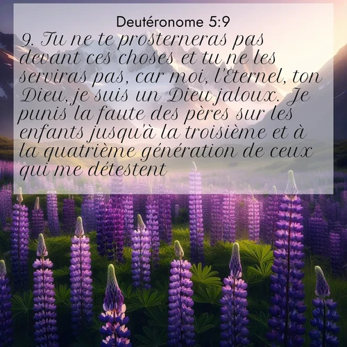 Segond21 Deutéronome  ; image nature: image avec le verset biblique :Tu ne te prosterneras pas devant ces choses et tu ne les serviras pas, car moi, l&#039;Eternel, ton Dieu, je suis un Dieu jaloux. Je punis la faute des pères sur les enfants jusqu&#039;à la troisième et à la quatrième génération de ceux qui me détestent, ;  ; 5:9