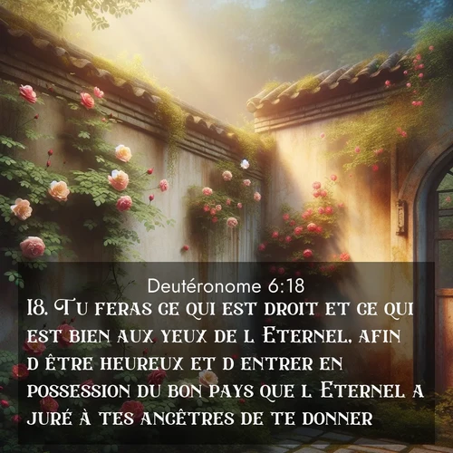 Segond21 Deutéronome  ; image nature: image avec le verset biblique :Tu feras ce qui est droit et ce qui est bien aux yeux de l&#039;Eternel, afin d&#039;être heureux et d&#039;entrer en possession du bon pays que l&#039;Eternel a juré à tes ancêtres de te donner ;  ; 6:18