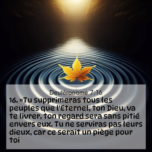 Segond21 Deutéronome  ; image nature: image avec le verset biblique :»Tu supprimeras tous les peuples que l&#039;Eternel, ton Dieu, va te livrer, ton regard sera sans pitié envers eux. Tu ne serviras pas leurs dieux, car ce serait un piège pour toi. ;  ; 7:16