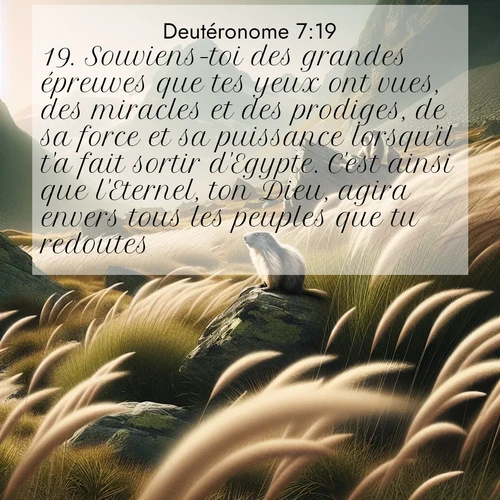 Segond21 Deutéronome  ; image nature: image avec le verset biblique :Souviens-toi des grandes épreuves que tes yeux ont vues, des miracles et des prodiges, de sa force et sa puissance lorsqu&#039;il t&#039;a fait sortir d&#039;Egypte. C&#039;est ainsi que l&#039;Eternel, ton Dieu, agira envers tous les peuples que tu redoutes. ;  ; 7:19