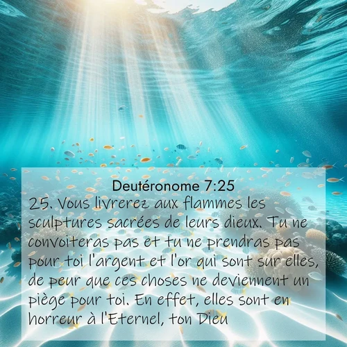 Segond21 Deutéronome  ; image nature: image avec le verset biblique :Vous livrerez aux flammes les sculptures sacrées de leurs dieux. Tu ne convoiteras pas et tu ne prendras pas pour toi l&#039;argent et l&#039;or qui sont sur elles, de peur que ces choses ne deviennent un piège pour toi. En effet, elles sont en horreur à l&#039;Eternel, ton Dieu. ;  ; 7:25