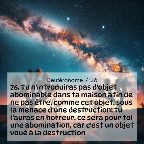 Segond21 Deutéronome  ; image nature: image avec le verset biblique :Tu n&#039;introduiras pas d&#039;objet abominable dans ta maison afin de ne pas être, comme cet objet, sous la menace d&#039;une destruction; tu l&#039;auras en horreur, ce sera pour toi une abomination, car c&#039;est un objet voué à la destruction. ;  ; 7:26