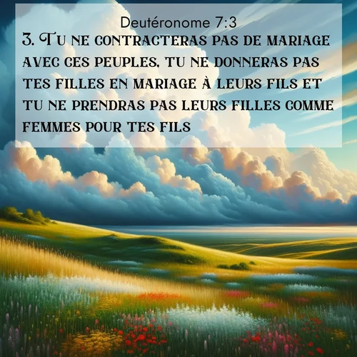 Segond21 Deutéronome  ; image nature: image avec le verset biblique :Tu ne contracteras pas de mariage avec ces peuples, tu ne donneras pas tes filles en mariage à leurs fils et tu ne prendras pas leurs filles comme femmes pour tes fils. ;  ; 7:3