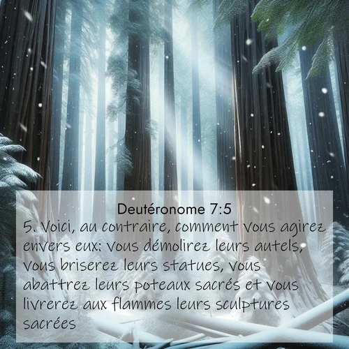 Segond21 Deutéronome  ; image nature: image avec le verset biblique :Voici, au contraire, comment vous agirez envers eux: vous démolirez leurs autels, vous briserez leurs statues, vous abattrez leurs poteaux sacrés et vous livrerez aux flammes leurs sculptures sacrées. ;  ; 7:5