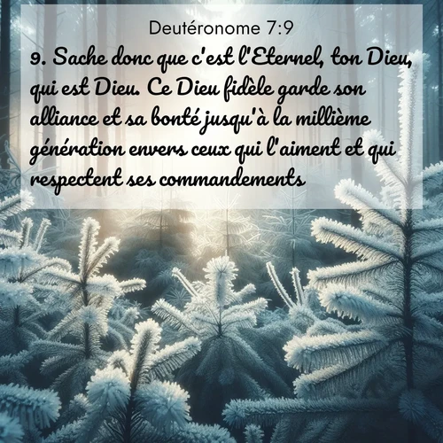 Segond21 Deutéronome  ; image nature: image avec le verset biblique :Sache donc que c&#039;est l&#039;Eternel, ton Dieu, qui est Dieu. Ce Dieu fidèle garde son alliance et sa bonté jusqu&#039;à la millième génération envers ceux qui l&#039;aiment et qui respectent ses commandements. ;  ; 7:9