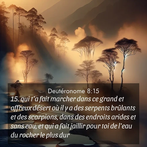 Segond21 Deutéronome  ; image nature: image avec le verset biblique :qui t&#039;a fait marcher dans ce grand et affreux désert où il y a des serpents brûlants et des scorpions, dans des endroits arides et sans eau, et qui a fait jaillir pour toi de l&#039;eau du rocher le plus dur, ;  ; 8:15