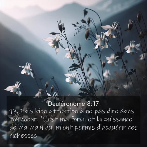 Segond21 Deutéronome  ; image nature: image avec le verset biblique :Fais bien attention à ne pas dire dans ton coeur: &#039;C&#039;est ma force et la puissance de ma main qui m&#039;ont permis d&#039;acquérir ces richesses.&#039; ;  ; 8:17