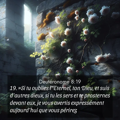 Segond21 Deutéronome  ; image nature: image avec le verset biblique :»Si tu oublies l&#039;Eternel, ton Dieu, et suis d&#039;autres dieux, si tu les sers et te prosternes devant eux, je vous avertis expressément aujourd&#039;hui que vous périrez. ;  ; 8:19