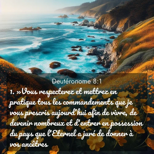 Segond21 Deutéronome  ; image nature: image avec le verset biblique :»Vous respecterez et mettrez en pratique tous les commandements que je vous prescris aujourd&#039;hui afin de vivre, de devenir nombreux et d&#039;entrer en possession du pays que l&#039;Eternel a juré de donner à vos ancêtres. ;  ; 8:1