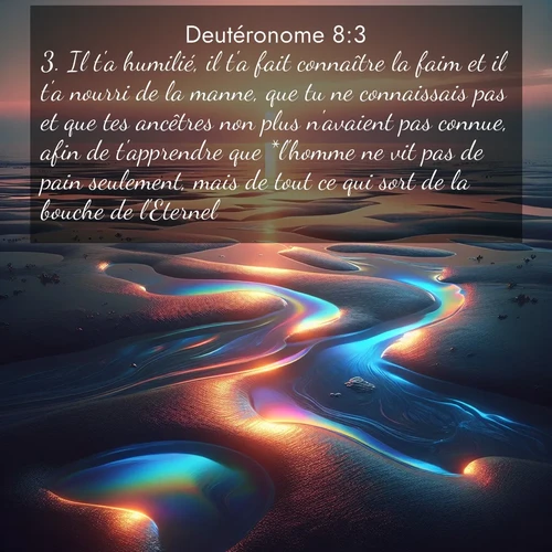 Segond21 Deutéronome  ; image nature: image avec le verset biblique :Il t&#039;a humilié, il t&#039;a fait connaître la faim et il t&#039;a nourri de la manne, que tu ne connaissais pas et que tes ancêtres non plus n&#039;avaient pas connue, afin de t&#039;apprendre que *l&#039;homme ne vit pas de pain seulement, mais de tout ce qui sort de la bouche de l&#039;Eternel. ;  ; 8:3