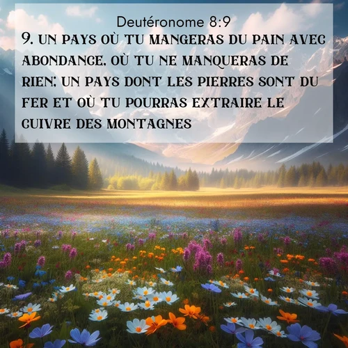 Segond21 Deutéronome  ; image nature: image avec le verset biblique :un pays où tu mangeras du pain avec abondance, où tu ne manqueras de rien; un pays dont les pierres sont du fer et où tu pourras extraire le cuivre des montagnes. ;  ; 8:9