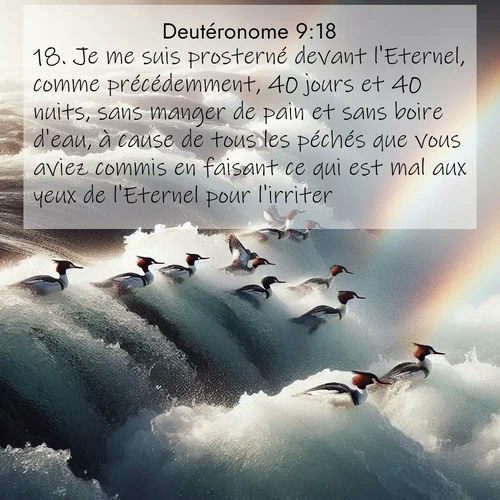 Segond21 Deutéronome  ; image nature: image avec le verset biblique :Je me suis prosterné devant l&#039;Eternel, comme précédemment, 40 jours et 40 nuits, sans manger de pain et sans boire d&#039;eau, à cause de tous les péchés que vous aviez commis en faisant ce qui est mal aux yeux de l&#039;Eternel pour l&#039;irriter. ;  ; 9:18