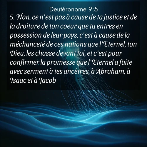 Segond21 Deutéronome  ; image nature: image avec le verset biblique :Non, ce n&#039;est pas à cause de ta justice et de la droiture de ton coeur que tu entres en possession de leur pays, c&#039;est à cause de la méchanceté de ces nations que l&#039;Eternel, ton Dieu, les chasse devant toi, et c&#039;est pour confirmer la promesse que l&#039;Eternel a faite avec serment à tes ancêtres, à Abraham, à Isaac et à Jacob. ;  ; 9:5