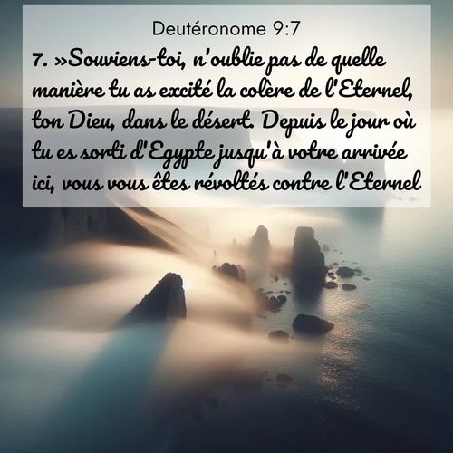 Segond21 Deutéronome  ; image nature: image avec le verset biblique :»Souviens-toi, n&#039;oublie pas de quelle manière tu as excité la colère de l&#039;Eternel, ton Dieu, dans le désert. Depuis le jour où tu es sorti d&#039;Egypte jusqu&#039;à votre arrivée ici, vous vous êtes révoltés contre l&#039;Eternel. ;  ; 9:7