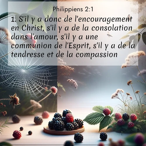 Segond21 Philippiens  ; image nature: image avec le verset biblique :S&#039;il y a donc de l&#039;encouragement en Christ, s&#039;il y a de la consolation dans l&#039;amour, s&#039;il y a une communion de l&#039;Esprit, s&#039;il y a de la tendresse et de la compassion, ;  ; 2:1