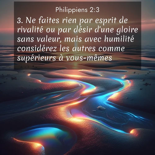 Segond21 Philippiens  ; image nature: image avec le verset biblique :Ne faites rien par esprit de rivalité ou par désir d&#039;une gloire sans valeur, mais avec humilité considérez les autres comme supérieurs à vous-mêmes. ;  ; 2:3