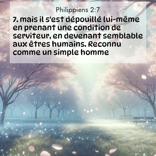 Segond21 Philippiens  ; image nature: image avec le verset biblique :mais il s&#039;est dépouillé lui-même en prenant une condition de serviteur, en devenant semblable aux êtres humains. Reconnu comme un simple homme, ;  ; 2:7