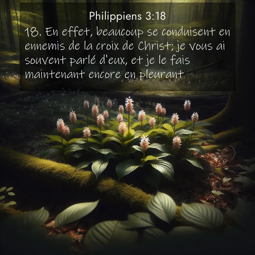 Segond21 Philippiens  ; image nature: image avec le verset biblique :En effet, beaucoup se conduisent en ennemis de la croix de Christ; je vous ai souvent parlé d&#039;eux, et je le fais maintenant encore en pleurant. ;  ; 3:18