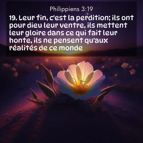 Segond21 Philippiens  ; image nature: image avec le verset biblique :Leur fin, c&#039;est la perdition; ils ont pour dieu leur ventre, ils mettent leur gloire dans ce qui fait leur honte, ils ne pensent qu&#039;aux réalités de ce monde. ;  ; 3:19