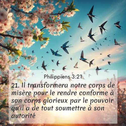 Segond21 Philippiens  ; image nature: image avec le verset biblique :Il transformera notre corps de misère pour le rendre conforme à son corps glorieux par le pouvoir qu&#039;il a de tout soumettre à son autorité. ;  ; 3:21