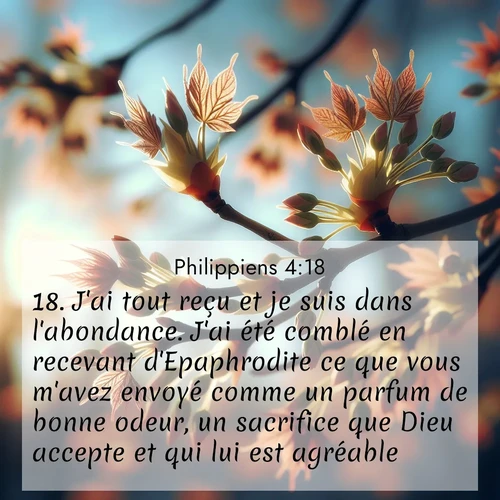 Segond21 Philippiens  ; image nature: image avec le verset biblique :J&#039;ai tout reçu et je suis dans l&#039;abondance. J&#039;ai été comblé en recevant d&#039;Epaphrodite ce que vous m&#039;avez envoyé comme un parfum de bonne odeur, un sacrifice que Dieu accepte et qui lui est agréable. ;  ; 4:18