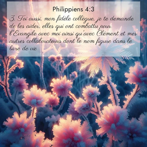 Segond21 Philippiens  ; image nature: image avec le verset biblique :Toi aussi, mon fidèle collègue, je te demande de les aider, elles qui ont combattu pour l&#039;Evangile avec moi ainsi qu&#039;avec Clément et mes autres collaborateurs dont le nom figure dans le livre de vie. ;  ; 4:3