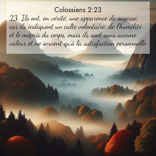 Segond21 Colossiens  ; image nature: image avec le verset biblique :Ils ont, en vérité, une apparence de sagesse, car ils indiquent un culte volontaire, de l&#039;humilité et le mépris du corps, mais ils sont sans aucune valeur et ne servent qu&#039;à la satisfaction personnelle. ;  ; 2:23