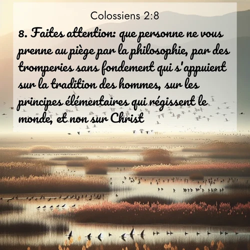 Segond21 Colossiens  ; image nature: image avec le verset biblique :Faites attention: que personne ne vous prenne au piège par la philosophie, par des tromperies sans fondement qui s&#039;appuient sur la tradition des hommes, sur les principes élémentaires qui régissent le monde, et non sur Christ. ;  ; 2:8