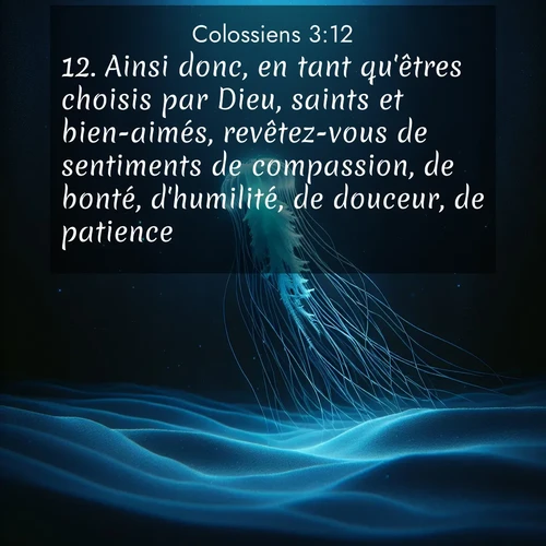 Segond21 Colossiens  ; image nature: image avec le verset biblique :Ainsi donc, en tant qu&#039;êtres choisis par Dieu, saints et bien-aimés, revêtez-vous de sentiments de compassion, de bonté, d&#039;humilité, de douceur, de patience. ;  ; 3:12