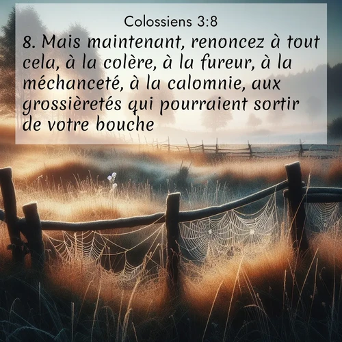 Segond21 Colossiens  ; image nature: image avec le verset biblique :Mais maintenant, renoncez à tout cela, à la colère, à la fureur, à la méchanceté, à la calomnie, aux grossièretés qui pourraient sortir de votre bouche. ;  ; 3:8