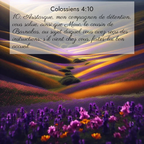 Segond21 Colossiens  ; image nature: image avec le verset biblique :Aristarque, mon compagnon de détention, vous salue, ainsi que Marc, le cousin de Barnabas, au sujet duquel vous avez reçu des instructions: s&#039;il vient chez vous, faites-lui bon accueil. ;  ; 4:10
