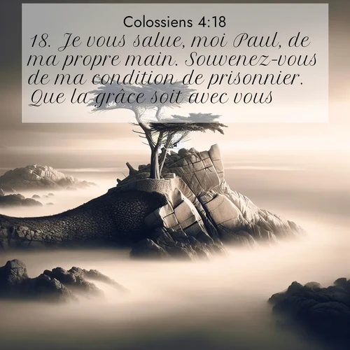 Segond21 Colossiens  ; image nature: image avec le verset biblique :Je vous salue, moi Paul, de ma propre main. Souvenez-vous de ma condition de prisonnier. Que la grâce soit avec vous! ;  ; 4:18