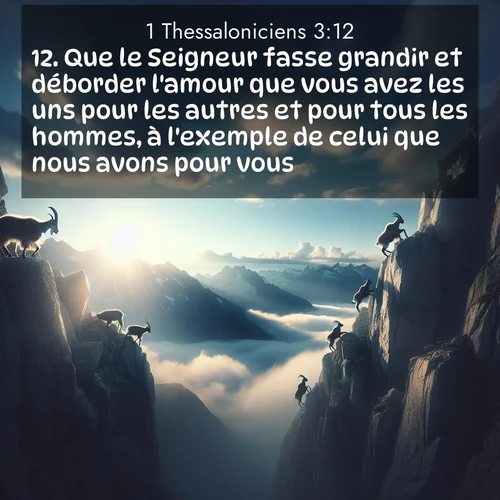 Segond21 1 Thessaloniciens  ; image nature: image avec le verset biblique :Que le Seigneur fasse grandir et déborder l&#039;amour que vous avez les uns pour les autres et pour tous les hommes, à l&#039;exemple de celui que nous avons pour vous! ;  ; 3:12