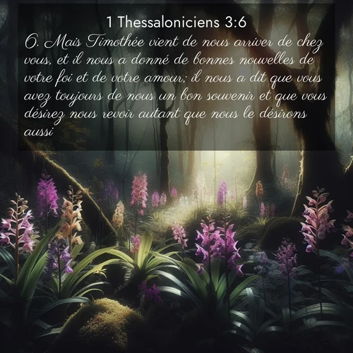 Segond21 1 Thessaloniciens  ; image nature: image avec le verset biblique :Mais Timothée vient de nous arriver de chez vous, et il nous a donné de bonnes nouvelles de votre foi et de votre amour; il nous a dit que vous avez toujours de nous un bon souvenir et que vous désirez nous revoir autant que nous le désirons aussi. ;  ; 3:6