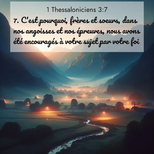 Segond21 1 Thessaloniciens  ; image nature: image avec le verset biblique :C&#039;est pourquoi, frères et soeurs, dans nos angoisses et nos épreuves, nous avons été encouragés à votre sujet par votre foi. ;  ; 3:7