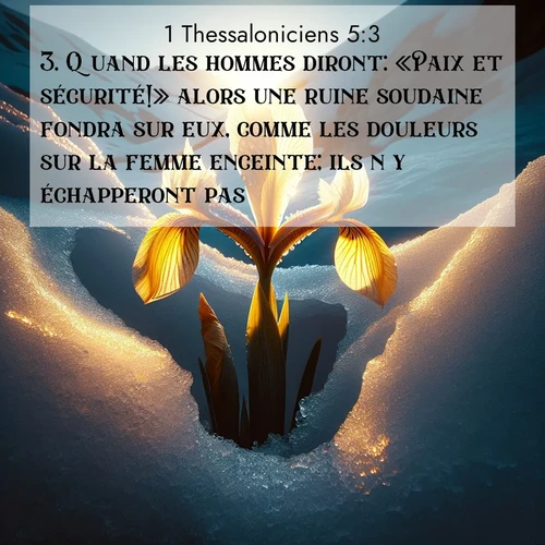 Segond21 1 Thessaloniciens  ; image nature: image avec le verset biblique :Quand les hommes diront: «Paix et sécurité!» alors une ruine soudaine fondra sur eux, comme les douleurs sur la femme enceinte; ils n&#039;y échapperont pas. ;  ; 5:3