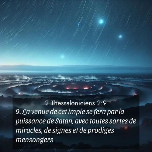 Segond21 2 Thessaloniciens  ; image nature: image avec le verset biblique :La venue de cet impie se fera par la puissance de Satan, avec toutes sortes de miracles, de signes et de prodiges mensongers ;  ; 2:9