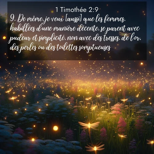 Segond21 1 Timothée  ; image nature: image avec le verset biblique :De même, je veux [aussi] que les femmes, habillées d&#039;une manière décente, se parent avec pudeur et simplicité, non avec des tresses, de l&#039;or, des perles ou des toilettes somptueuses, ;  ; 2:9