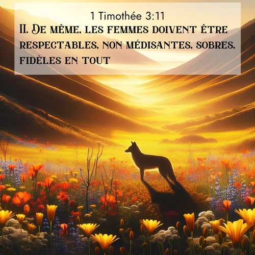 Segond21 1 Timothée  ; image nature: image avec le verset biblique :De même, les femmes doivent être respectables, non médisantes, sobres, fidèles en tout. ;  ; 3:11