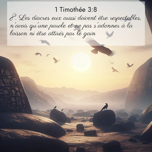 Segond21 1 Timothée  ; image nature: image avec le verset biblique :Les diacres eux aussi doivent être respectables, n&#039;avoir qu&#039;une parole et ne pas s&#039;adonner à la boisson ni être attirés par le gain. ;  ; 3:8