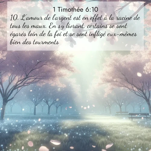 Segond21 1 Timothée  ; image nature: image avec le verset biblique :L&#039;amour de l&#039;argent est en effet à la racine de tous les maux. En s&#039;y livrant, certains se sont égarés loin de la foi et se sont infligé eux-mêmes bien des tourments. ;  ; 6:10