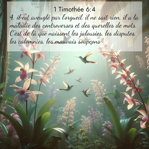 Segond21 1 Timothée  ; image nature: image avec le verset biblique :il est aveuglé par l&#039;orgueil, il ne sait rien, il a la maladie des controverses et des querelles de mots. C&#039;est de là que naissent les jalousies, les disputes, les calomnies, les mauvais soupçons, ;  ; 6:4