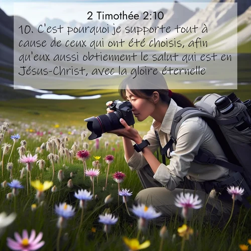 Segond21 2 Timothée  ; image nature: image avec le verset biblique :C&#039;est pourquoi je supporte tout à cause de ceux qui ont été choisis, afin qu&#039;eux aussi obtiennent le salut qui est en Jésus-Christ, avec la gloire éternelle. ;  ; 2:10