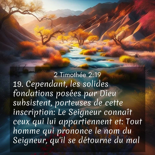 Segond21 2 Timothée  ; image nature: image avec le verset biblique :Cependant, les solides fondations posées par Dieu subsistent, porteuses de cette inscription: Le Seigneur connaît ceux qui lui appartiennent et: Tout homme qui prononce le nom du Seigneur, qu&#039;il se détourne du mal. ;  ; 2:19