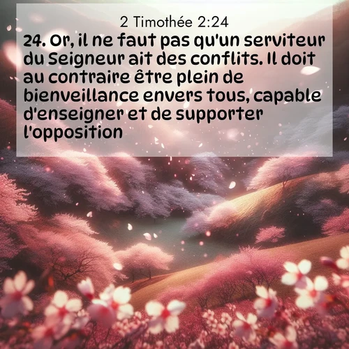 Segond21 2 Timothée  ; image nature: image avec le verset biblique :Or, il ne faut pas qu&#039;un serviteur du Seigneur ait des conflits. Il doit au contraire être plein de bienveillance envers tous, capable d&#039;enseigner et de supporter l&#039;opposition. ;  ; 2:24