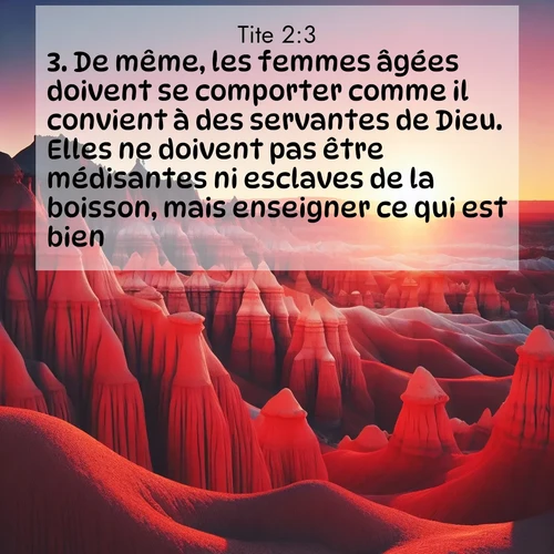 Segond21 Tite  ; image nature: image avec le verset biblique :De même, les femmes âgées doivent se comporter comme il convient à des servantes de Dieu. Elles ne doivent pas être médisantes ni esclaves de la boisson, mais enseigner ce qui est bien. ;  ; 2:3