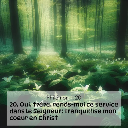 Segond21 Philémon  ; image nature: image avec le verset biblique :Oui, frère, rends-moi ce service dans le Seigneur: tranquillise mon coeur en Christ. ;  ; 1:20