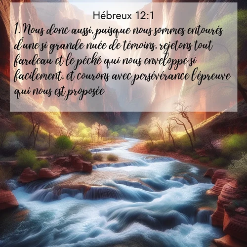 citation biblique : 1. Nous donc aussi, puisque nous sommes entourés d&#039;une si grande nuée de témoins, rejetons tout fardeau et le péché qui nous enveloppe si facilement, et courons avec persévérance l&#039;épreuve qui nous est proposée.
 sur fond image nature