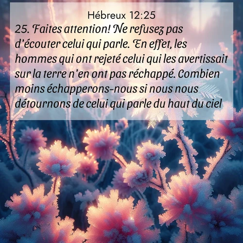 Segond21 Hébreux  ; image nature: image avec le verset biblique :Faites attention! Ne refusez pas d&#039;écouter celui qui parle. En effet, les hommes qui ont rejeté celui qui les avertissait sur la terre n&#039;en ont pas réchappé. Combien moins échapperons-nous si nous nous détournons de celui qui parle du haut du ciel! ;  ; 12:25